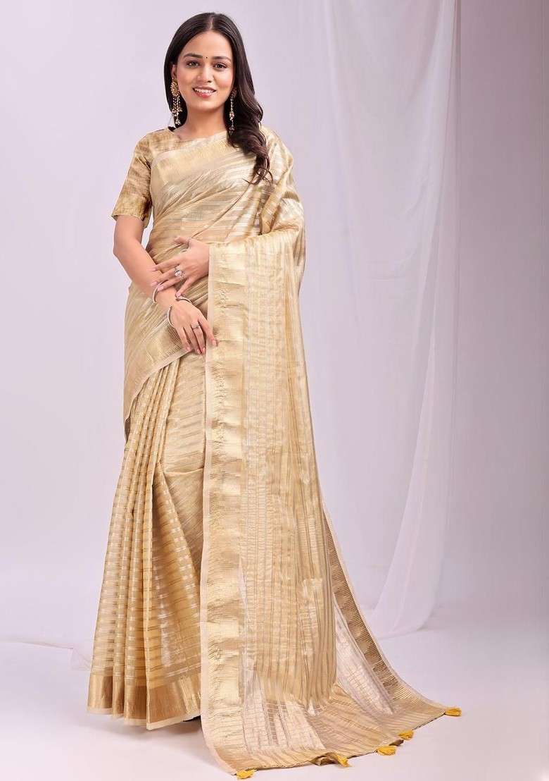 Gold Embroidered Blended Saree Set - Indya