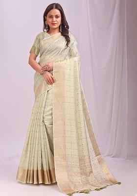 Lime Green Printed Blended Saree Set