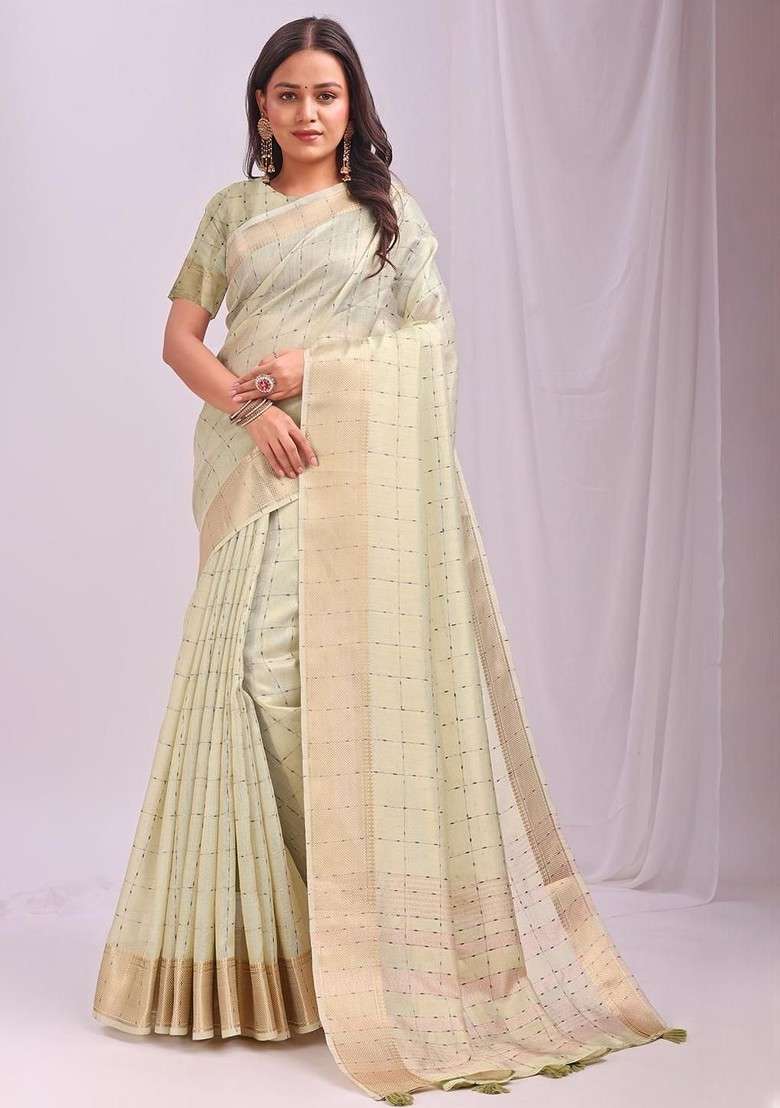 Lime Green Printed Blended Saree Set - Indya