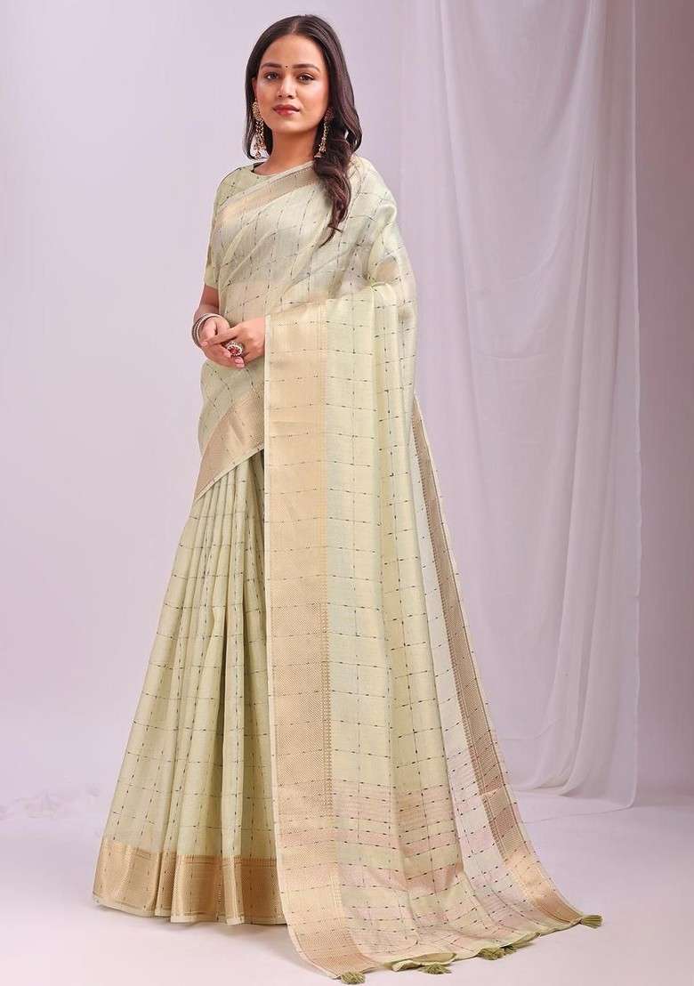 Lime Green Printed Blended Saree Set - Indya