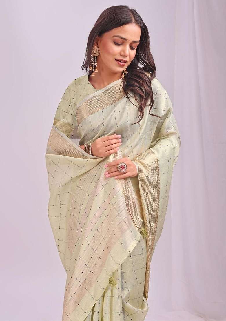 Lime Green Printed Blended Saree Set - Indya