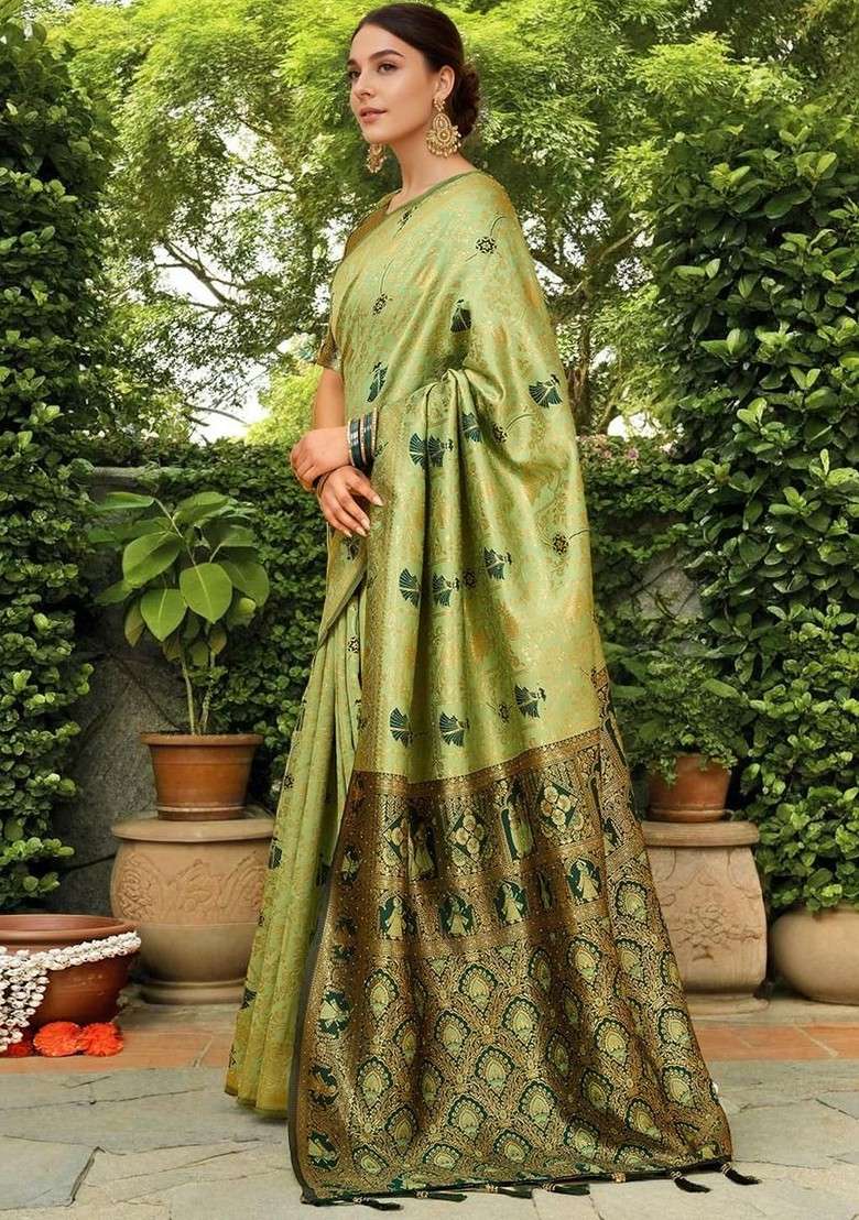 Sea Green Printed Blended Saree Set - Indya