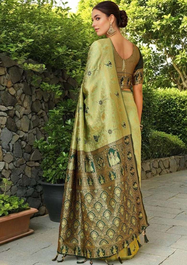 Sea Green Printed Blended Saree Set - Indya