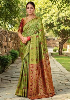 Lime Green Printed Blended Saree Set