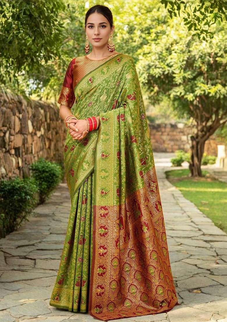 Lime Green Printed Blended Saree Set - Indya