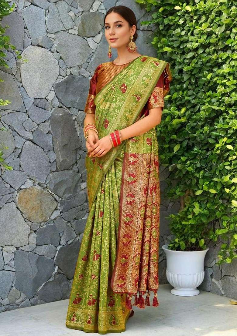Lime Green Printed Blended Saree Set - Indya