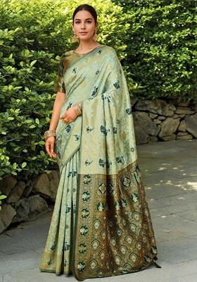 Turquoise Blue Embroidered Blended Saree Set