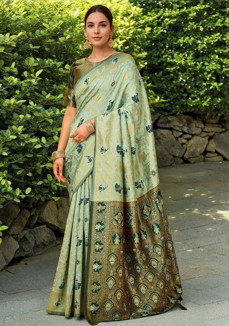 Turquoise Blue Embroidered Blended Saree Set - Indya