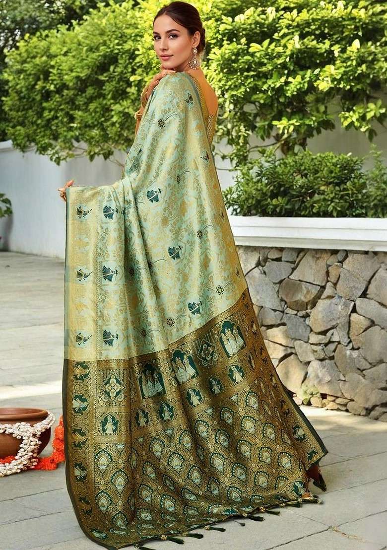Turquoise Blue Embroidered Blended Saree Set - Indya