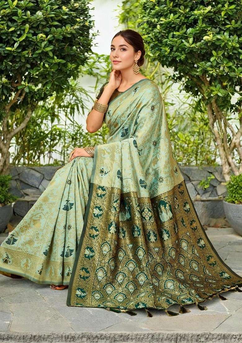 Turquoise Blue Embroidered Blended Saree Set - Indya