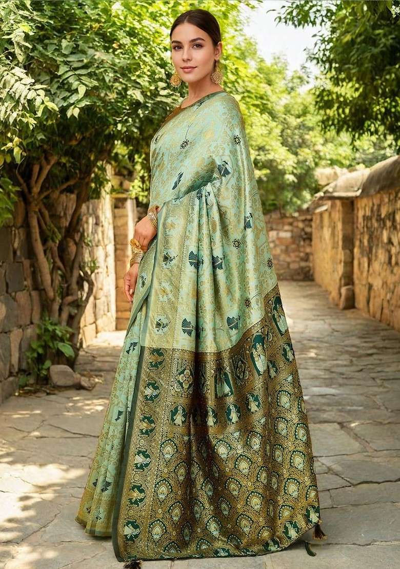 Turquoise Blue Embroidered Blended Saree Set - Indya