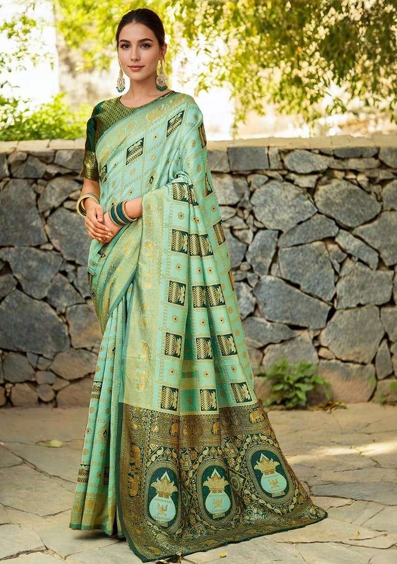 Sea Green Printed Blended Saree Set - Indya