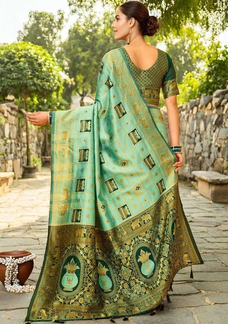Sea Green Printed Blended Saree Set - Indya