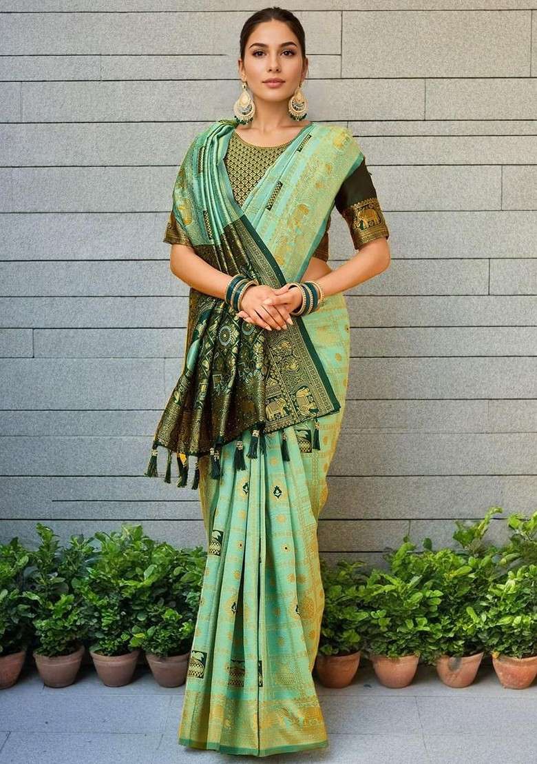 Sea Green Printed Blended Saree Set - Indya