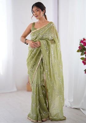 Green Embellished Blended Saree Set