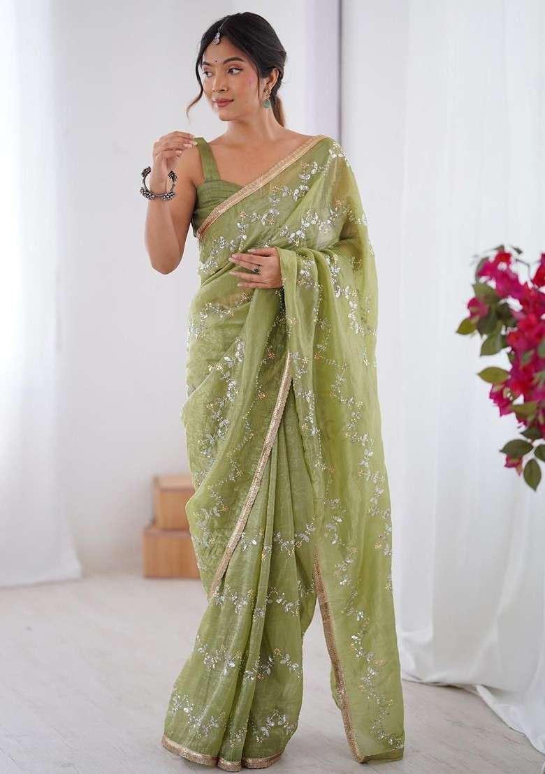 Green Embellished Blended Saree Set for Diwali and Festive Wear - Indya