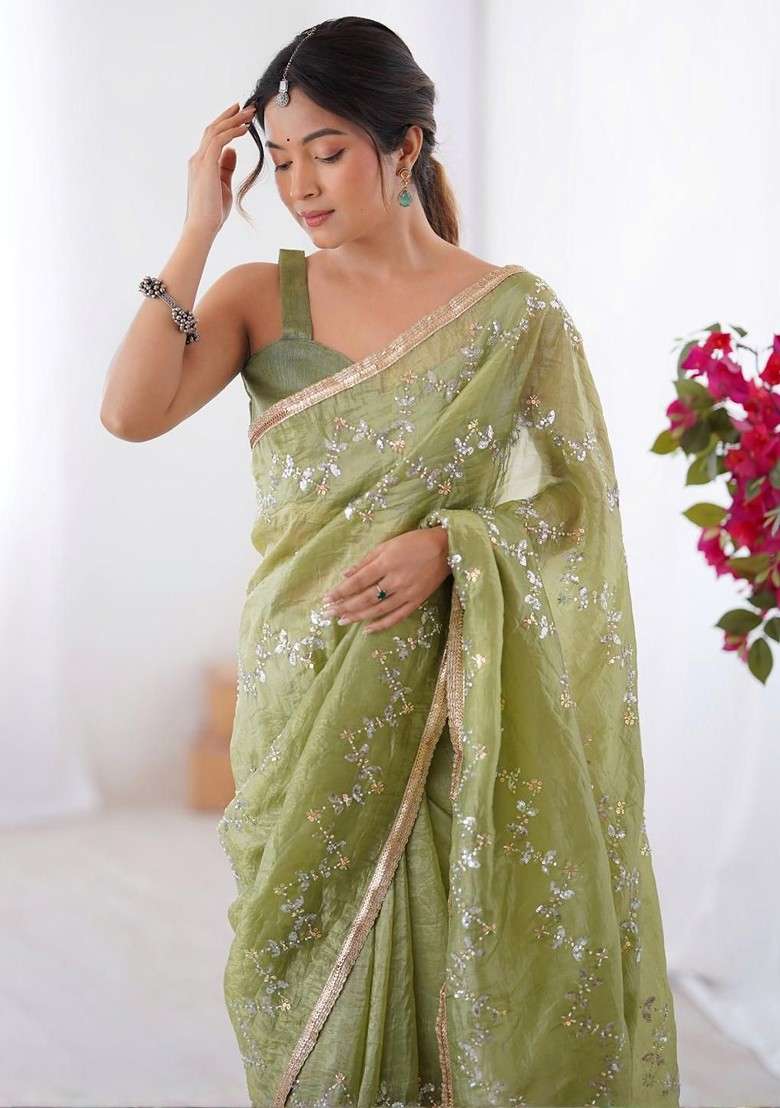 Green Embellished Blended Saree Set for Diwali and Festive Wear - Indya
