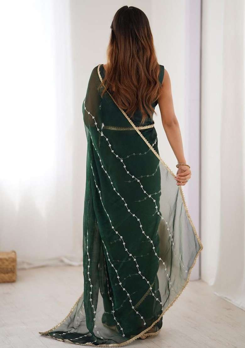 Green Embellished Blended Saree Set for Diwali | Wedding & Festive Wear - Indya