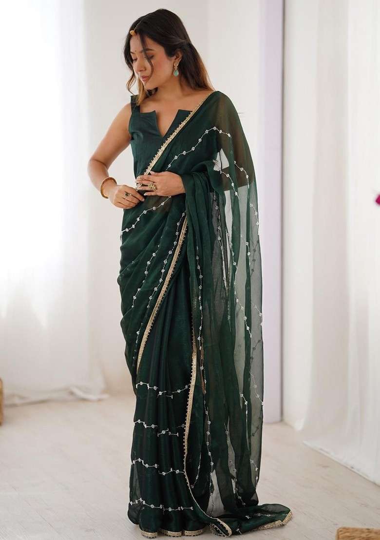 Green Embellished Blended Saree Set for Diwali | Wedding & Festive Wear - Indya