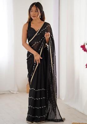 Black Embellished Blended Saree Set