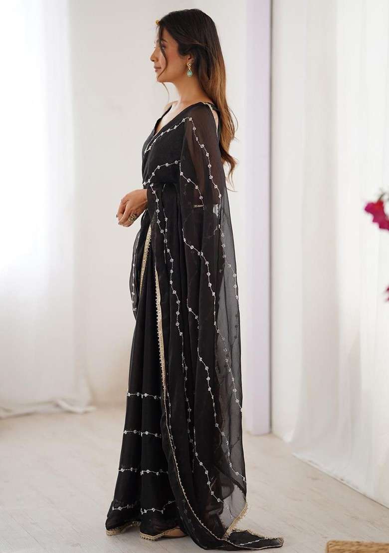 Black Embellished Blended Saree Set for Diwali and Festive Wear - Indya