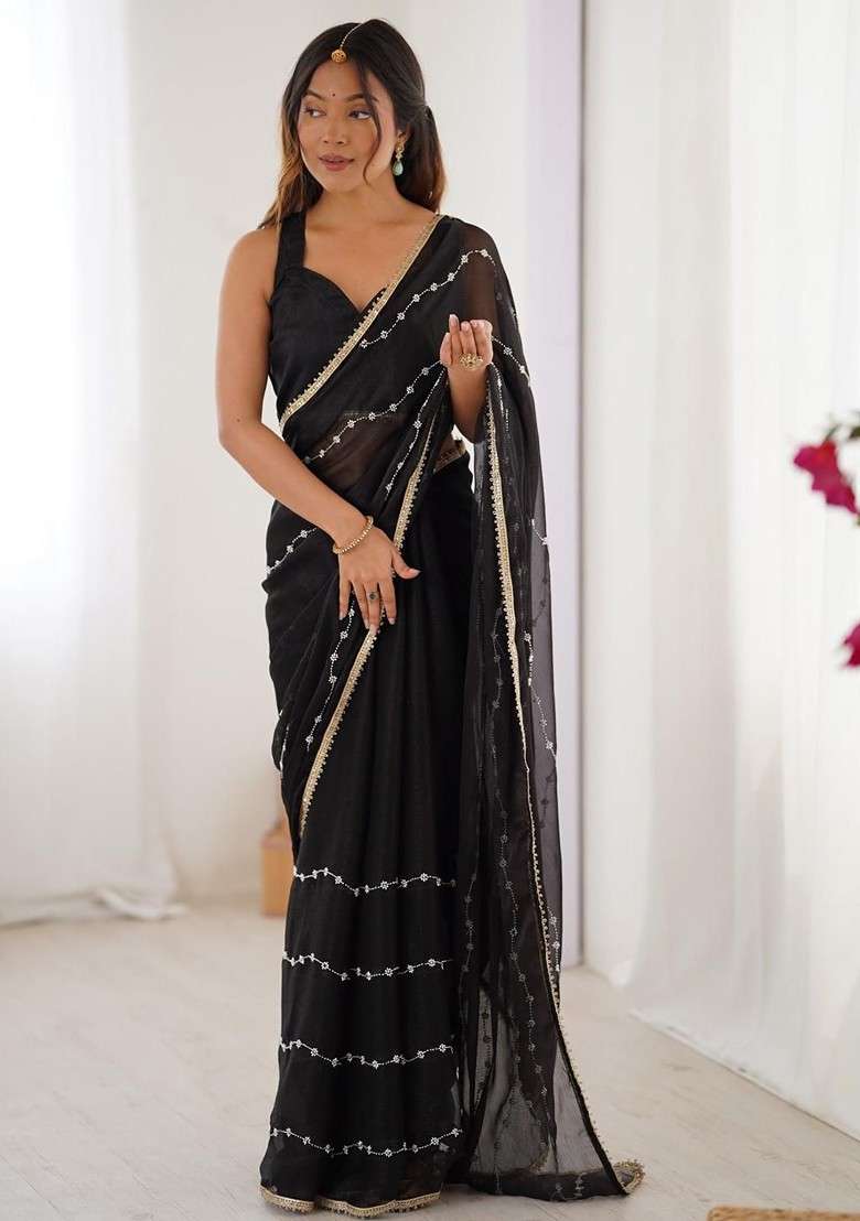 Black Embellished Blended Saree Set for Diwali and Festive Wear - Indya