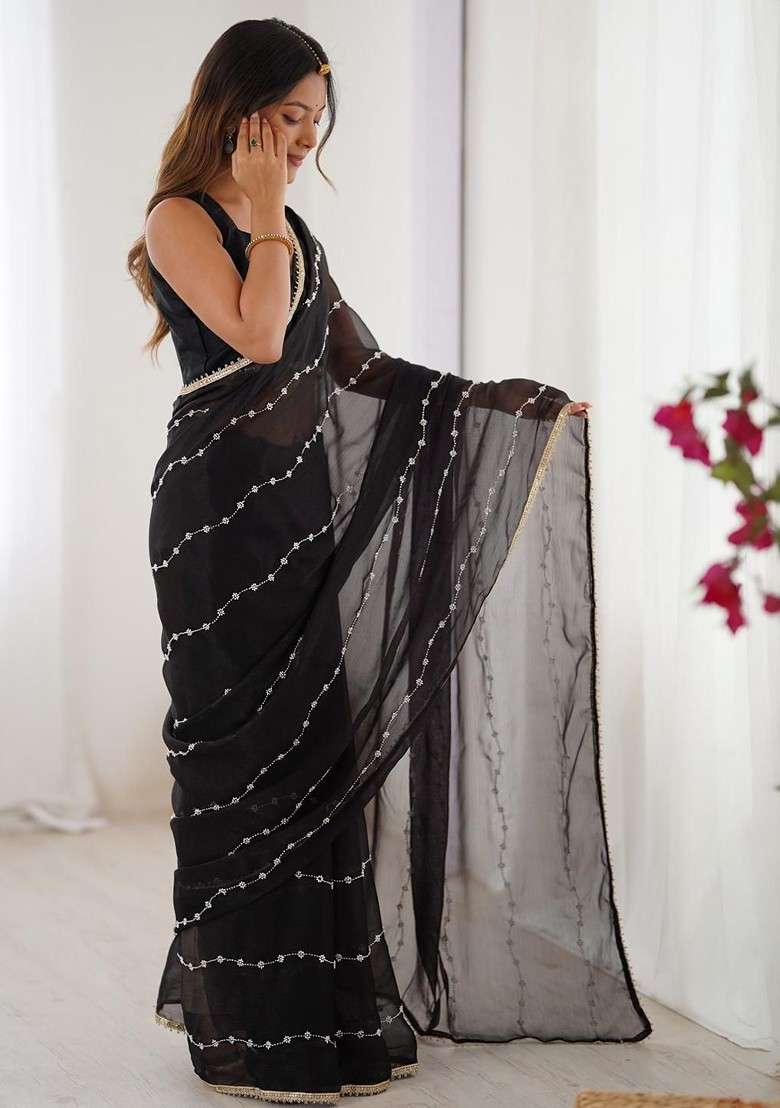 Black Embellished Blended Saree Set for Diwali and Festive Wear - Indya