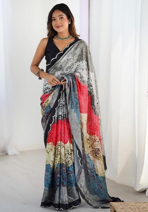Grey Embroidered Blended Saree Set