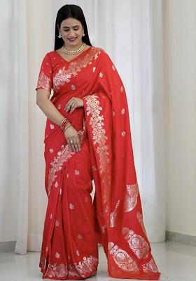 Red Jacquard Blended Saree Set