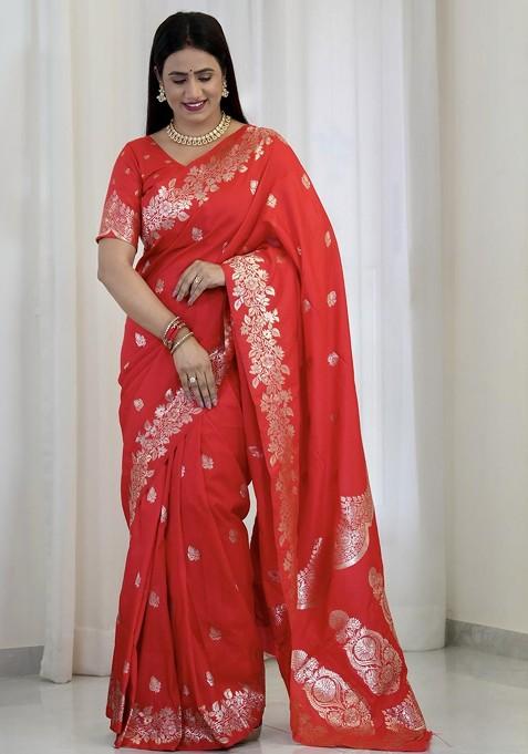 Red Jacquard Blended Saree Set — view on Indya