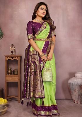 Lime Green Embroidered Blended Saree Set