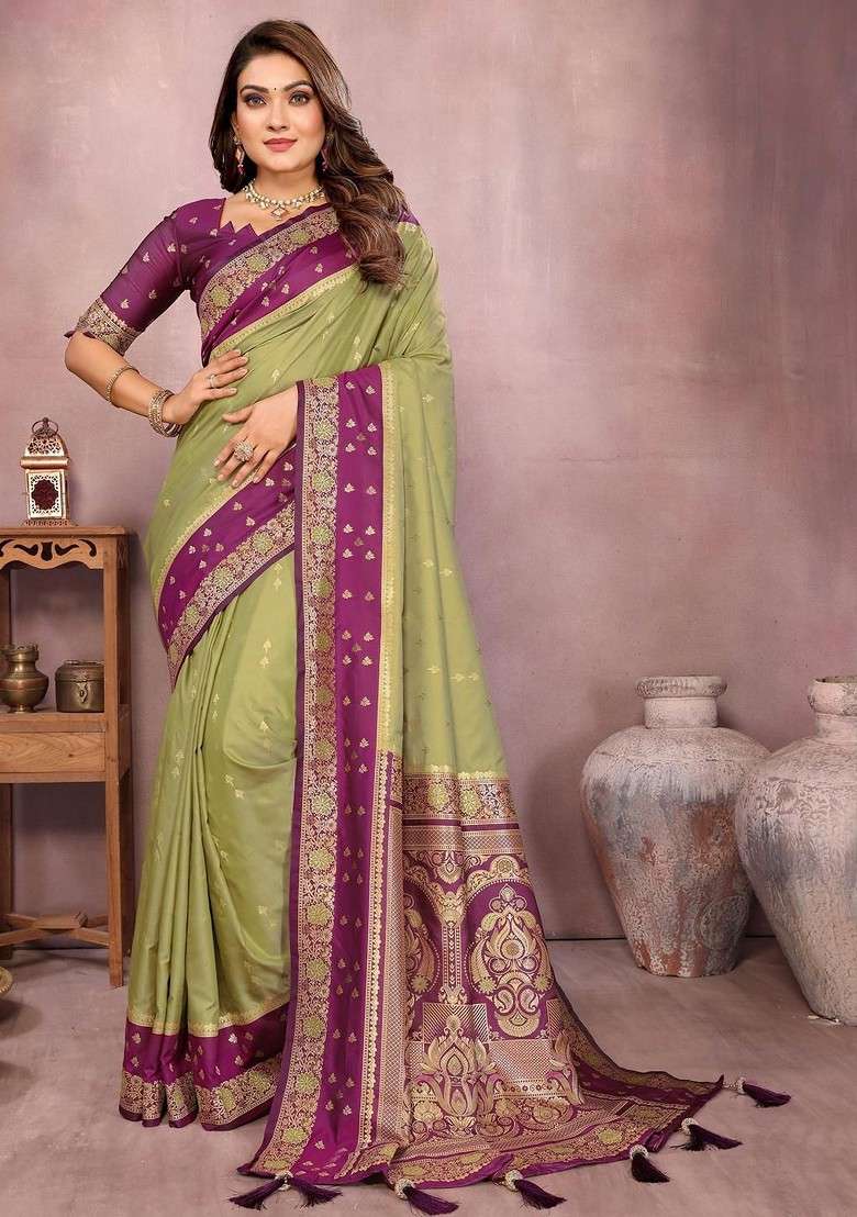 Olive Embroidered Blended Saree Set for Diwali and Festive Wear - Indya