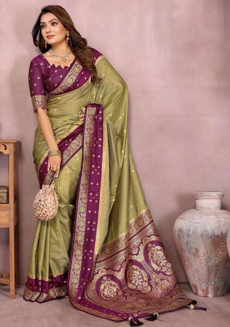 Olive Embroidered Blended Saree Set for Diwali and Festive Wear - Indya