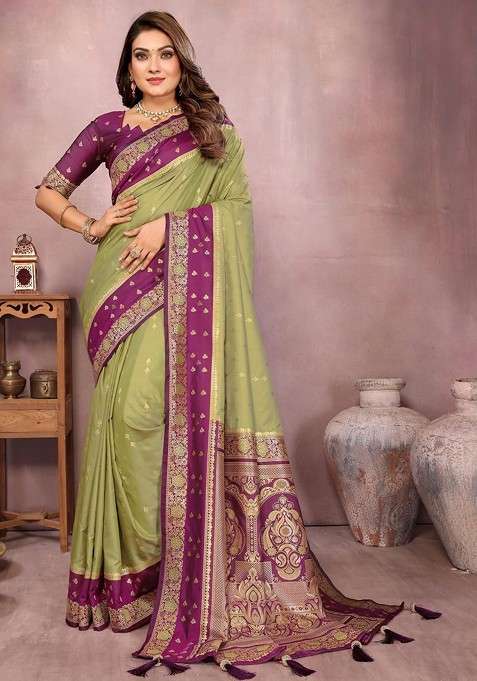 Olive Embroidered Blended Saree Set for Diwali and Festive Wear