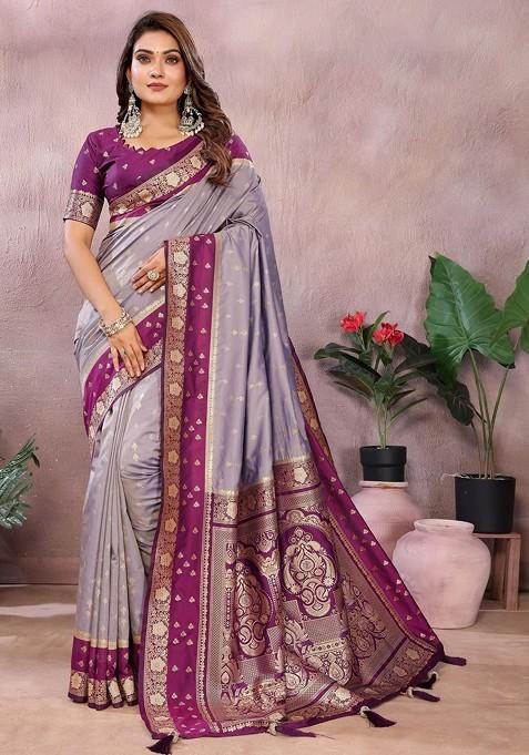 Lavender Embroidered Blended Saree Set