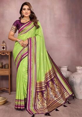 Lime Green Embroidered Blended Saree Set