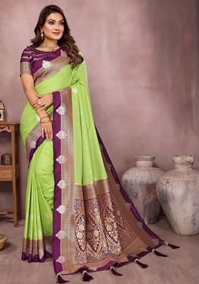Lime Green Embroidered Blended Saree Set