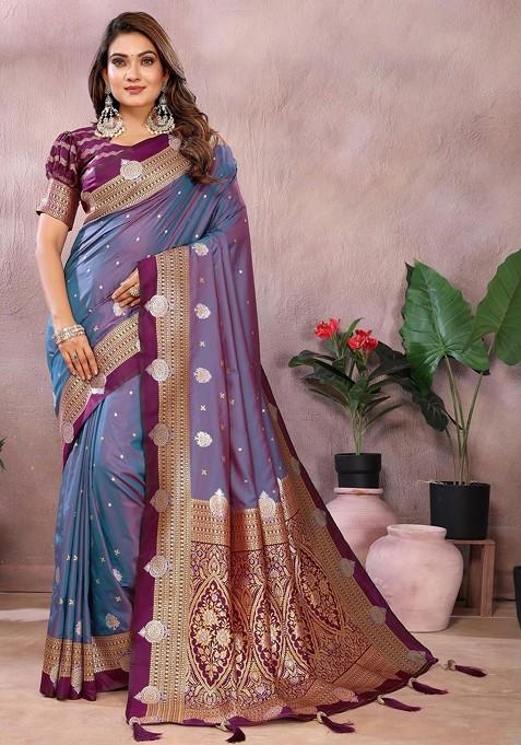 Violet Embroidered Blended Saree Set — view on Indya