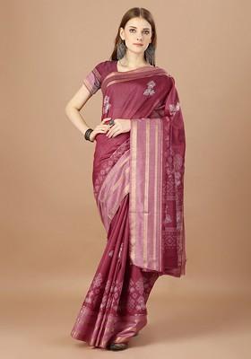Maroon Printed Blended Saree Set