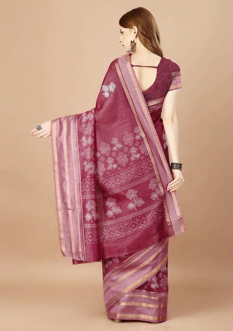 Maroon Printed Blended Saree Set - Indya