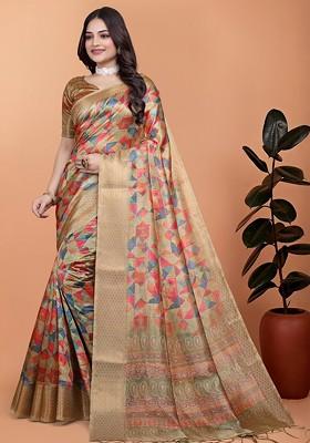 Cream Printed Blended Saree Set