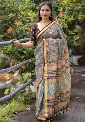 Blue Embellished Blended Saree Set