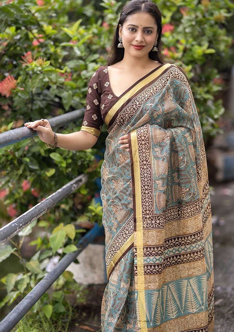 Blue Embellished Blended Saree Set - Indya