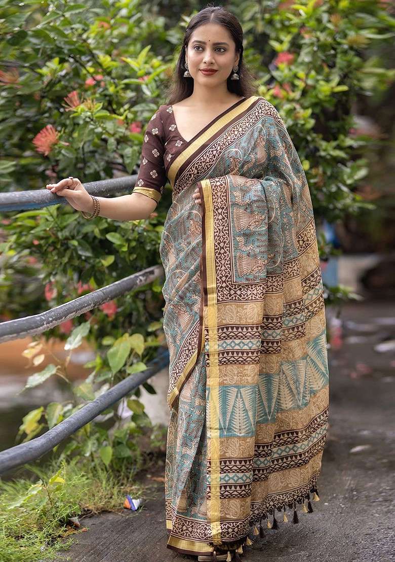 Blue Embellished Blended Saree Set - Indya