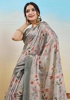 Grey Printed Blended Saree Set