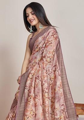 Peach Embroidered Blended Saree Set