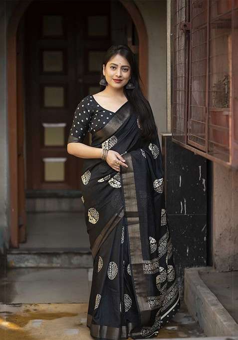 Black Batik Printed Blended Saree Set for Diwali and Festive Wear