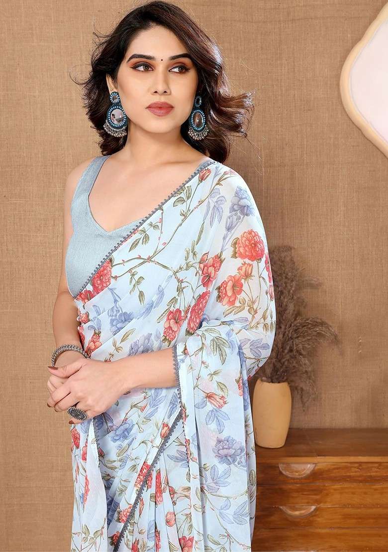 Turquoise Blue Printed Blended Saree Set - Indya
