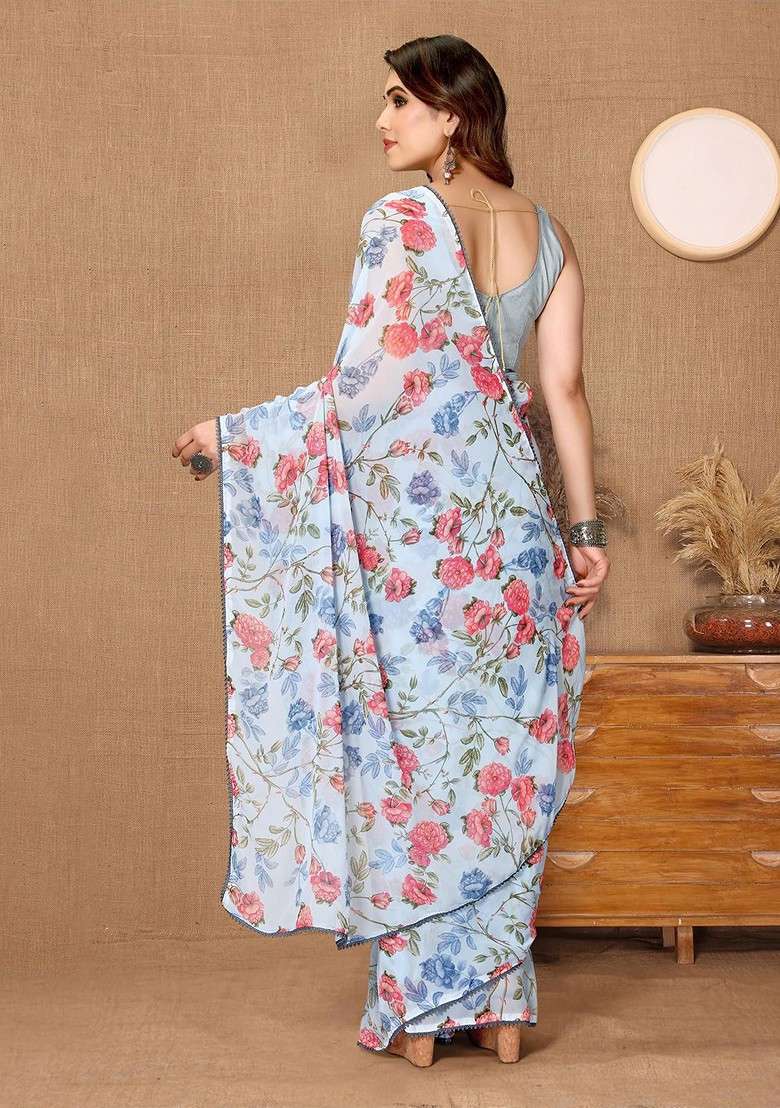 Turquoise Blue Printed Blended Saree Set - Indya