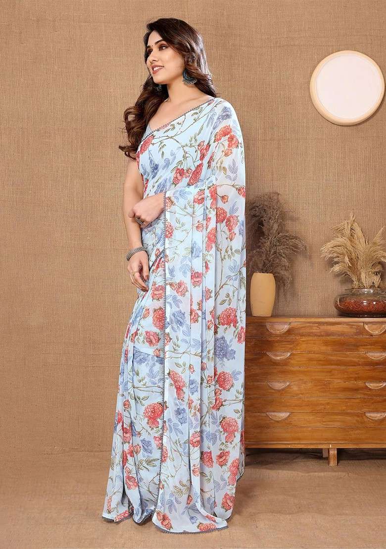 Turquoise Blue Printed Blended Saree Set - Indya